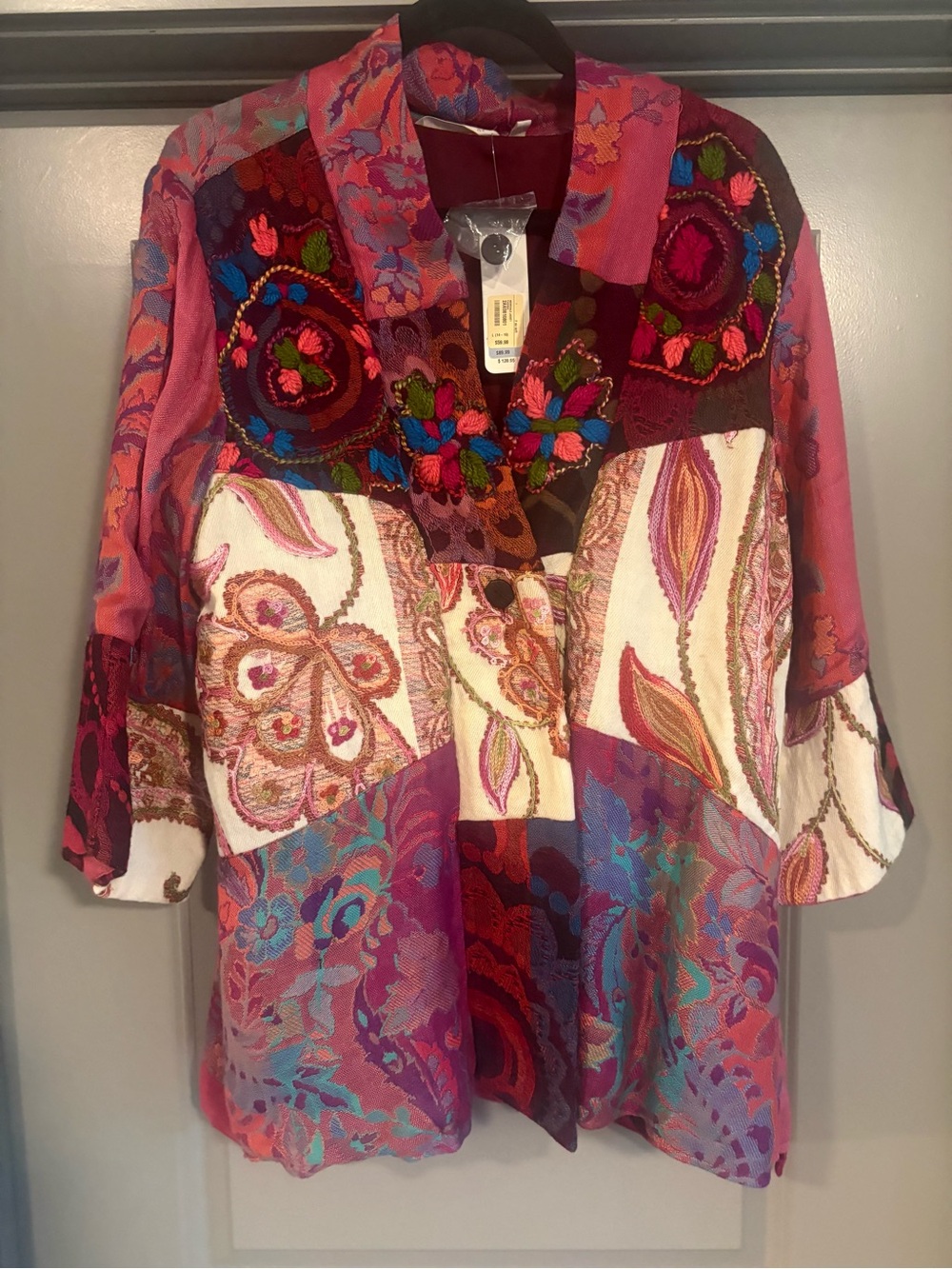 Soft Surroundings Pink Multi Embroidered Patchwork Tunic